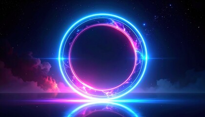 Futuristic neon glowing circle floating in dark space, symbolizing infinity, technology, innovation and the digital future