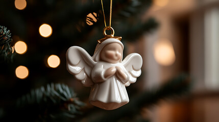 Fototapeta premium A serene porcelain angel ornament graces a festive tree, its gentle presence radiating peace. Glowing lights cast a warm ambiance, evoking the spirit of the holidays.