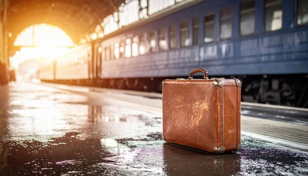 Vintage brown suitcase on train platform at sunrise, reflection in water. Nostalgic travel mood, retro luggage, railway journey, adventure, departure, memory lane, classic style, timeless wanderlust.
