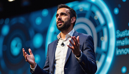 Business presentation showcasing professional presenter in dark suit gesturing on stage before digital screen. Business presentation and confident speaker giving speech.