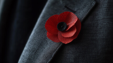 Red Poppy on Charcoal Grey Blazer Lapel for Remembrance