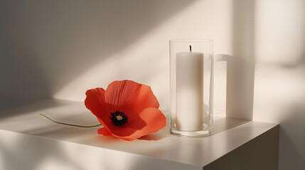 Minimalist Still Life of Poppy and Unlit Candle for Remembrance
