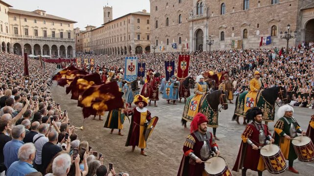 Festive medieval parade with drummers and flag bearers in historic square