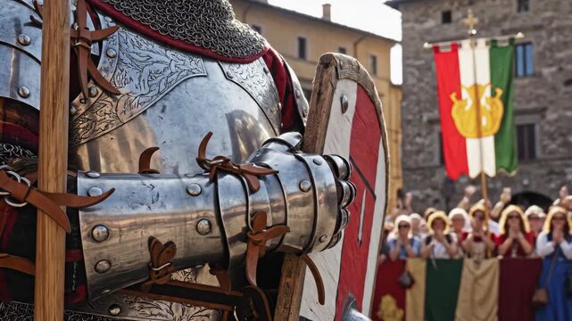 Medieval knight armor shining in sunlight amidst historic festival celebration
