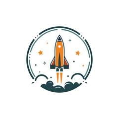 The stylized orange spaceship launches among clouds, surrounded by stars within a teal circle