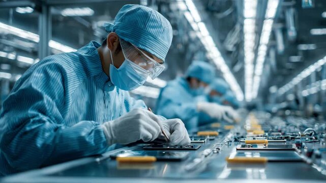 男性が工場ラインで回路基板を精密に組立作業