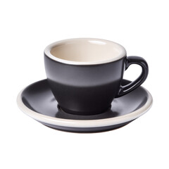 A stylish black ceramic coffee cup with a matching saucer, both featuring a distinctive white rim, presented against a plain background. background removed
