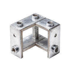 A metal corner bracket with threaded nuts and a central screw mechanism, designed for structural connections and fastening applications. background removed
