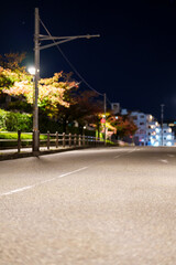 静かな住宅街の夜道と街灯のガードレール