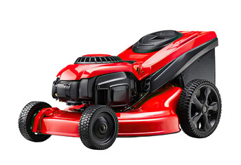 Red lawn mower, front view, isolated