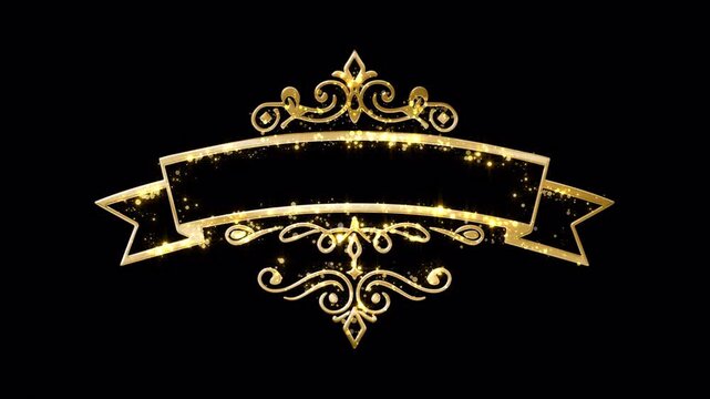 Animated luxury gold ribbon with ornate contours, glowing sparkles and empty space perfect for new year messages, festive greetings or creative overlays. 4k Alpha Channel 