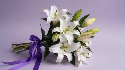 Fototapeta premium A bouquet of white lilies tied with a purple ribbon on a lavender background. Elegant floral arrangement for a special occasion. Copy space for text