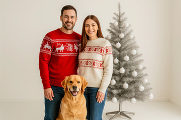 Cheerful Christmas portrait of a smiling couple wearing red and white holiday sweaters posing with their golden retriever in front of a minimalist white Christmas tree. The background is clean