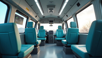 Inside van presents spacious interior with seats and modern design. Interior van shows comfort and style with blue seats. The concept interior van highlights future automotive design and lifestyle.