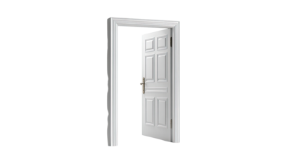 A white door, slightly ajar, opens to a black background