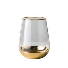 Elegant clear glass featuring a distinct gold rim and a reflective gold-plated base, perfect for beverages or decorative purposes. background removed