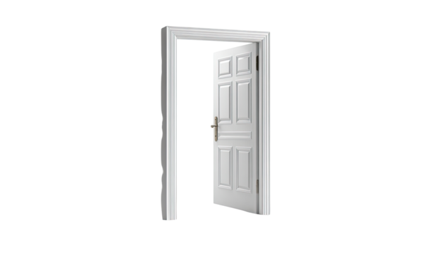 A white door, slightly ajar, opens to a black background