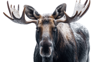 A majestic moose with large antlers covered in light snow, staring directly ahead against a solid transparent background, showcasing its winter coat. background removed