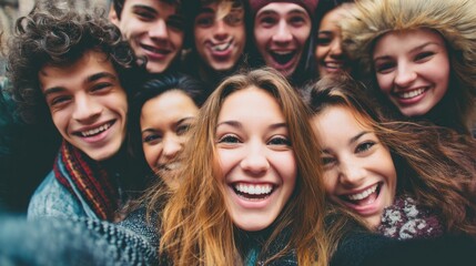 Fototapeta premium Joyful group of diverse young adults sharing a cheerful selfie in a winter setting, featuring warm smiles and vibrant winter fashion accessories