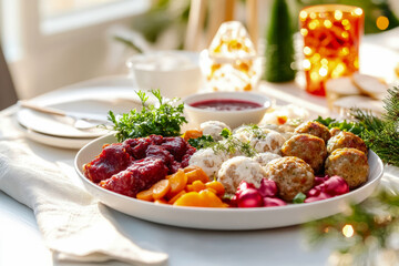 Swedish Christmas Feast with Meatballs Sausages and Pickled Vegetables