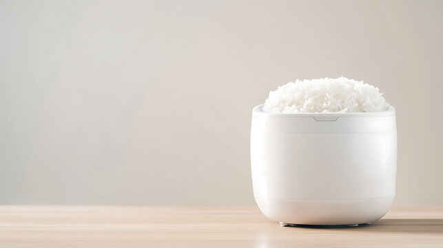 Fluffy rice in a white rice cooker, illuminated by soft light, conveys a feeling of warmth and simplicity. A modern take on a kitchen staple, ready to be enjoyed.