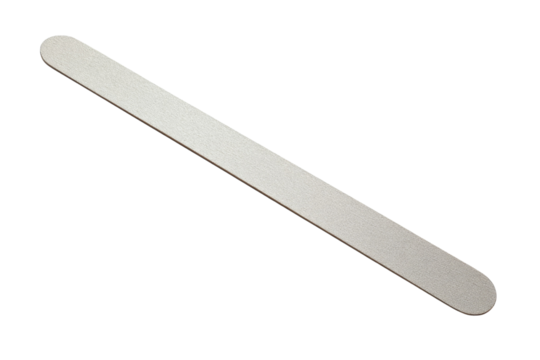 A single, silver-grey, rectangular nail file with rounded ends is presented diagonally on a solid dark transparent background. background removed