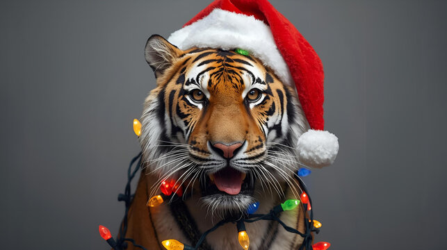 Tiger covered in christmas lights with a red santa claus hat on gray background, ai