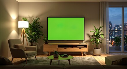 Fototapeta premium Living room interior with green screen TV at night television city view apartment home modern furniture design indoor house