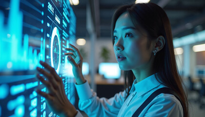 Asian woman and data analysis on screen. Woman interacting with data analysis, showcasing technology and information.