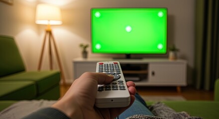 Obraz premium Remote control in hand pointing at green screen TV in living room television couch lamp home technology entertainment relaxation