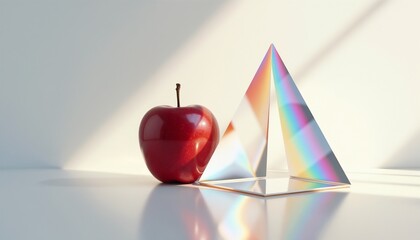 Red apple and glass prism dispersing light into rainbow spectrum, minimalistic scientific composition, white background, Newton Day concept, with space to copy