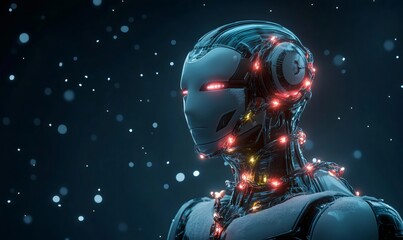 Android wearing festive fairy lights with snow falling on a winter night