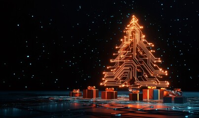 Glowing circuit board christmas tree with digital presents on a dark tech background