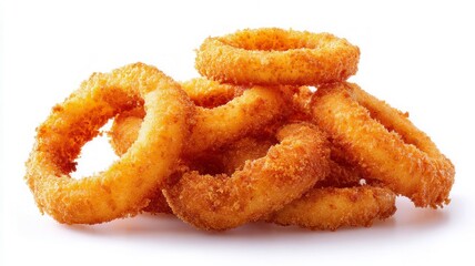 Golden brown onion rings stacked on isolated white background. Perfect texture and color highlight crispiness. Captured from front angle. Neural network AI generated