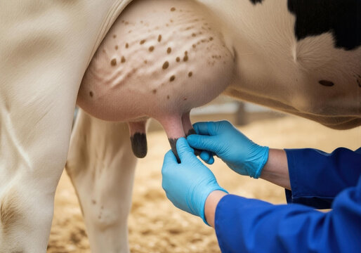 Veterinarian checking cow udder health on dairy farm
