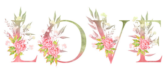 Elegant watercolor illustration of the word LOVE decorated with pink peonies and green leaves. Romantic floral typography perfect for wedding invitations, Valentine’s cards, and spring decor.