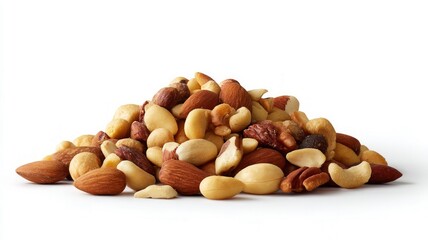 Variety of mixed nuts piled on solid white background. Natural colors and textures create visually appealing composition. Side view highlights individual shapes. Neural network AI generated