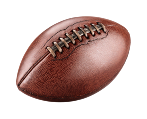 Close-up of a brown leather American football.  Stitching is visible