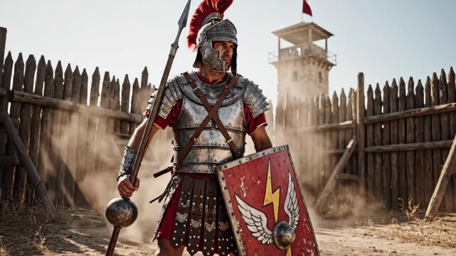 Ancient gladiator advances in battle arena amidst dust and wood palisades