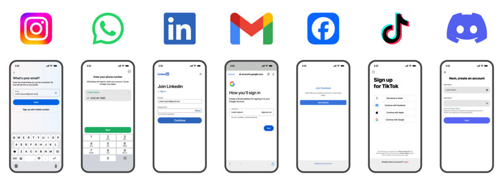Instagram WhatsApp LinkedIn Gmail Facebook TikTok and Discord sign up and log in UI mockup showing input fields buttons password recovery verification and modern mobile layout vector illustration