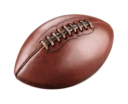 Close-up of a brown leather American football.  Stitching is visible