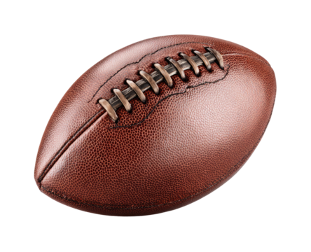 Close-up of a brown leather American football.  Stitching is visible