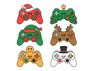 A collection of six video game controllers decorated with festive holiday themes.