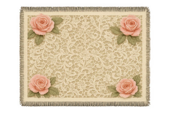 Vintage lace placemat with fringed edges and four pink roses, classic romantic textile design on transparent background