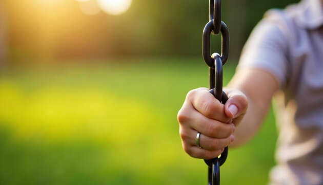 Capturing connection in a close up of chain held by hand. Connection showcases support, resilience, or strength, suggesting linkages in life, hand gripping metallic links tightly,