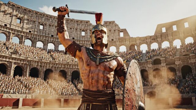 Triumphant gladiator roars in ancient arena capturing victory and crowd's admiration