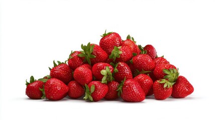 Juicy ripe strawberries stacked in lush pile. Vibrant red tones contrast against pure white background. Top view highlights freshness and natural texture. Neural network AI generated