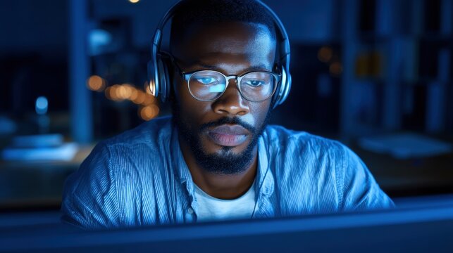 Focused young man wearing headphones working late at night on computer screen displaying data in a dimly lit office environment with blues and warm lights