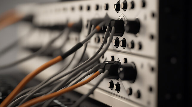 Close-up of audio interface equipment with several cables plugged in, showcasing connectivity and professional audio setup. Precision control in studio.