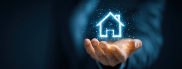 A person interacts with a glowing holographic house icon symbolizing smart real estate technology and online real estate investing